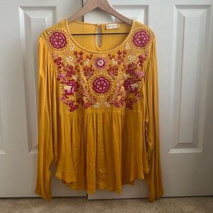 NWT Altar’d State embroidered floral yellow and pink flowy top size Large